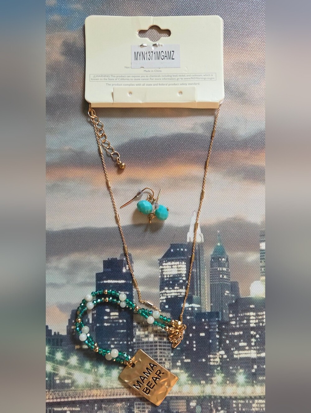 Riah Fashion Gold-Tone Necklace & Turquoise Bead Earrings Set NWT